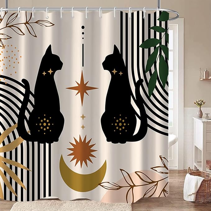 AWERT Boho Mid Century Cute Cat Shower Curtain for Bathroom with Hooks Minimalist Abstract Fabric Shower Curtain 60x72inch