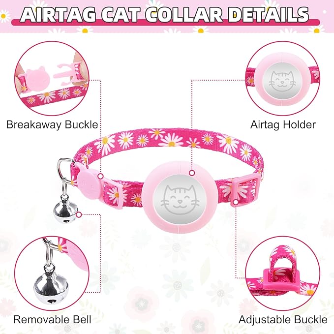 KOOLTAIL Cat Harness and Leash Set Escape Proof with Airtag Holder Collars (3 in 1), Comfortable Lightweight Adjustable Kitten Harness for Small Medium Large Cats Safe Walking & Travel,Pink Daisy
