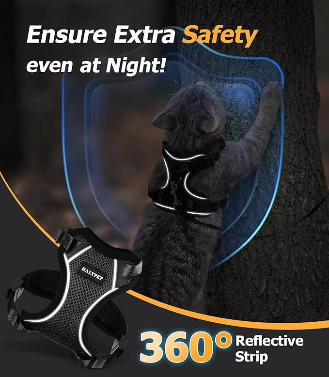 Halypet Cat Harness and Leash Set [H500 Pro Escape Proof Cat Harness for Walking, Adjustable Breathable Soft Travel Cat Leash, Reflective Strips Kitten Harness