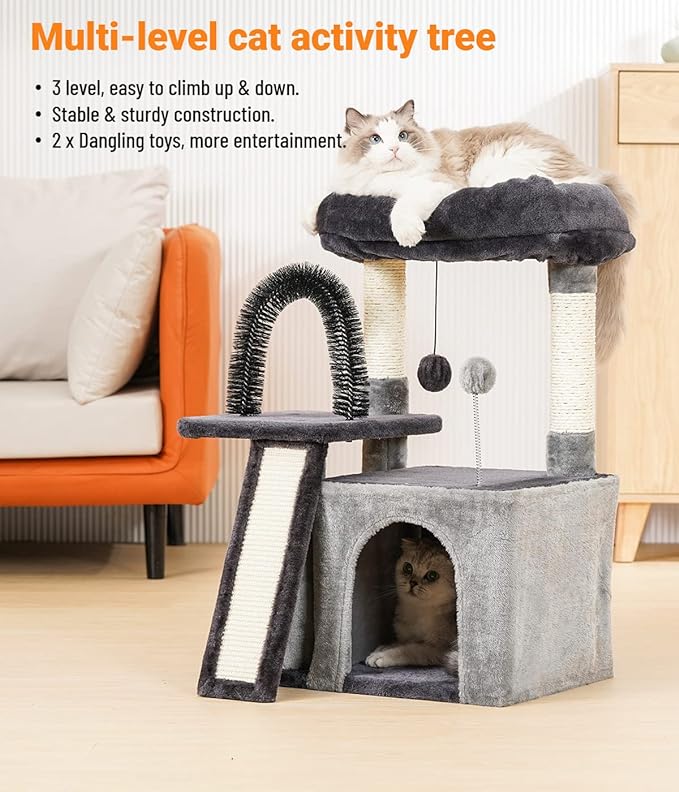 Happi N Pets Cat Tree Tower for Indoor Cats, Multi-Level Cat Tree with Scratching Posts & Pads, Cozy Cat Perch, Cat Self Groomer and Interactive Toys, Featuring with Large Cat Cave, Smokey Gray