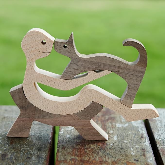 Animal Decor Wooden Statue Man and Cat Figurines Decor Carved Wood Decorative Sculpture