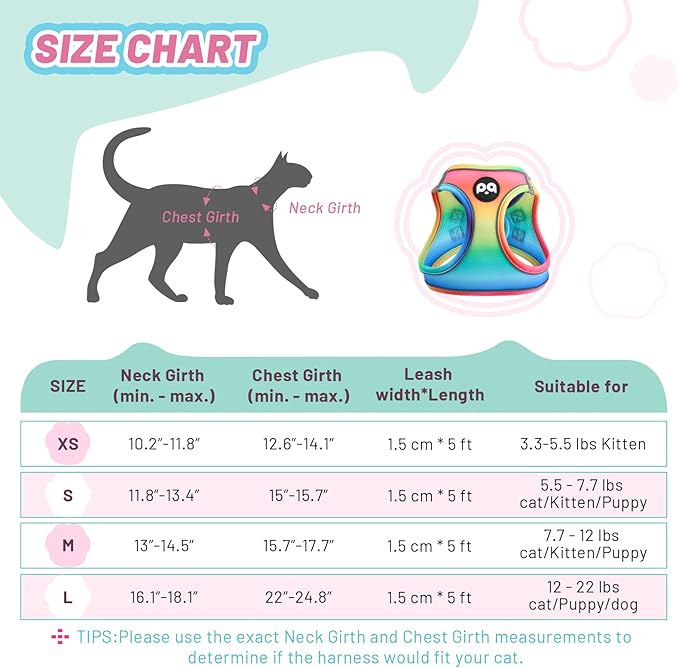 Cat Vest Harness Leash Set: Escape Proof & Reflective Kitten Soft Mesh Vest for Small Medium Large Puppy Pets Walking Hiking and Traveling(XSmall,Multi-Colored)