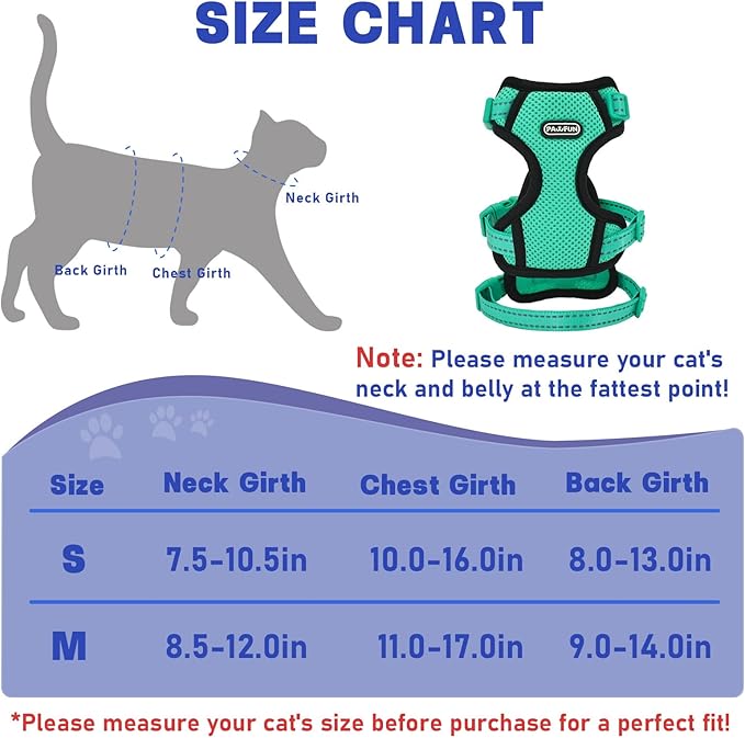 Cat Harness for Walking, Escape Proof Cat Harness and Leash Set with Reflective Strip, Adjustable Cat Leash Breathable Soft Vest for Small to Large Cats, Green, S