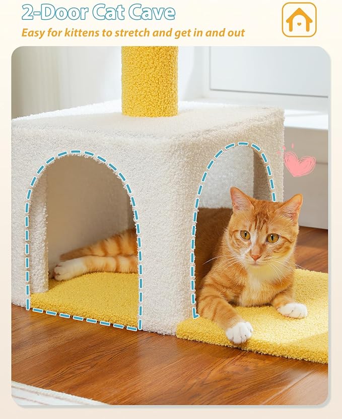 Cute Cat Tree with Flower Top Bed - Cloud Scratching Posts, 35" Small Cat Tower with Large Metal Frame Hammock for Indoor Cats, White Cat Condo for Kittens, Yellow