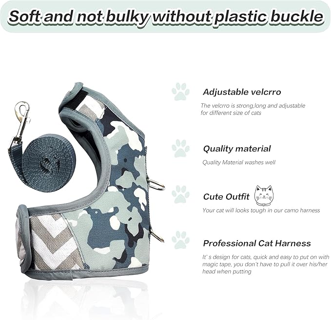 Cat Harness and Leash for Walking Escape Proof, Adjustable Cat Vest Harness, Padded Stylish Cat Walking Jackets, Grey Camo, Medium