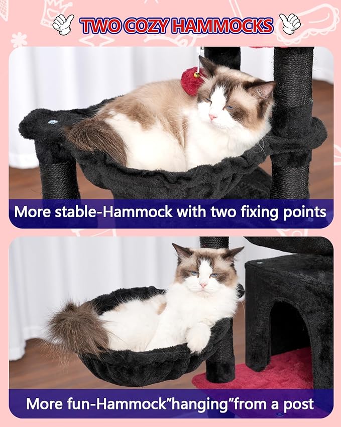 Gothic Cat Tree, Halloween Cat Tower with condo, 2 Baskets, Large Platform, Scratch Board, Cat Scratching Posts for Indoor Cats, Black and red GCT003SBR