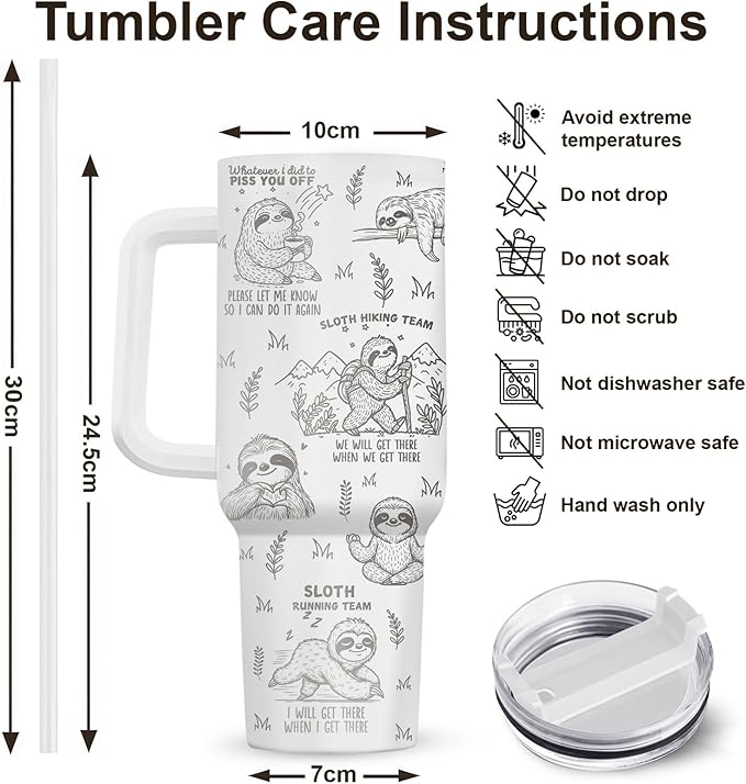 34HD Laser Engraved Sloth Tumbler with Handle and Straw, 40oz Stainless Steel Insulated Travel Coffee Mug, Sloth Gifts for Women, Sloths Lover Gifts