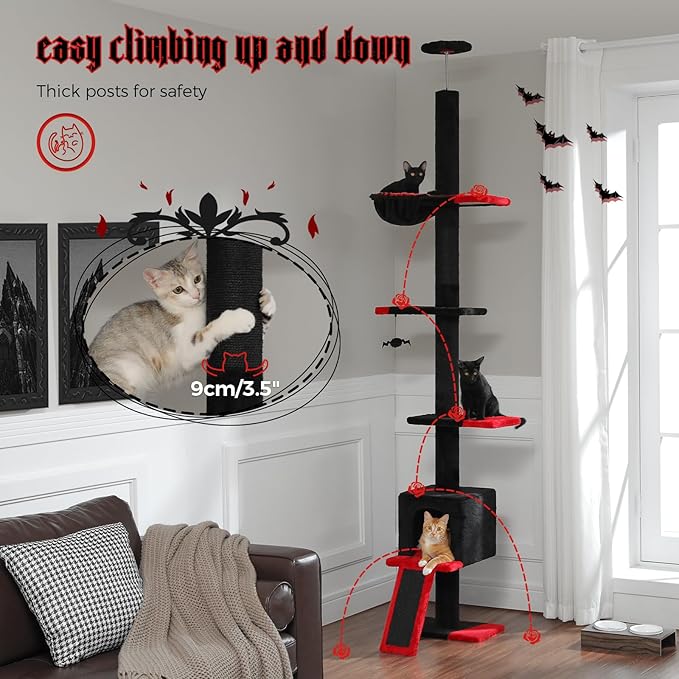 PETEPELA Floor to Ceiling Cat Tree, Gothic Cat Tower 5 Tiers Tall (83-108 Inches) Adjustable Height, Cat Climbing Tree Featuring with Cat Condo, Cat Scratching Post Cat Perches for Indoor Cats, Black