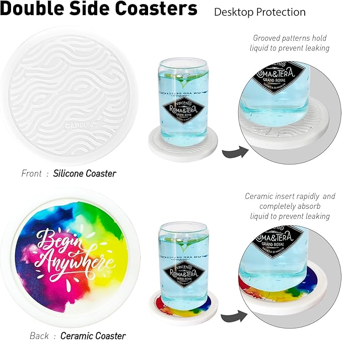 6-Pack Waterpaint Greeting Silicone Coasters with Deep Tray Holder - Double-Sided Drink Coasters - Beverage Mats for Hot or Cold Drinks - Thick, Non-Slip, Non-Stick Silicone with Ceramic Insert