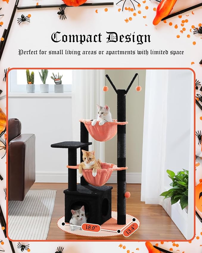 Gothic Cat Tree with Coffin Condo, 47.6" Spooky Cat Tower, 2 Metal Frame Hammocks, Cat Scratching Post with 2 Removable Pompom Sticks for Small Indoor Cats, Black Halloween