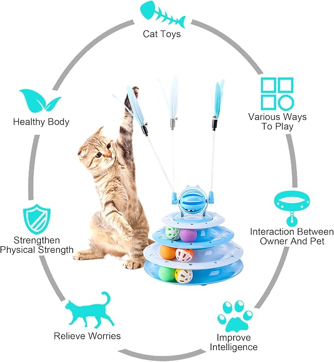 2 in 1 Cat Interactive Toy Roller 3-Level Turntable Cat Toy Cat Slow Feeder Food Dispenser Cat Kitten Wand (Green-C)