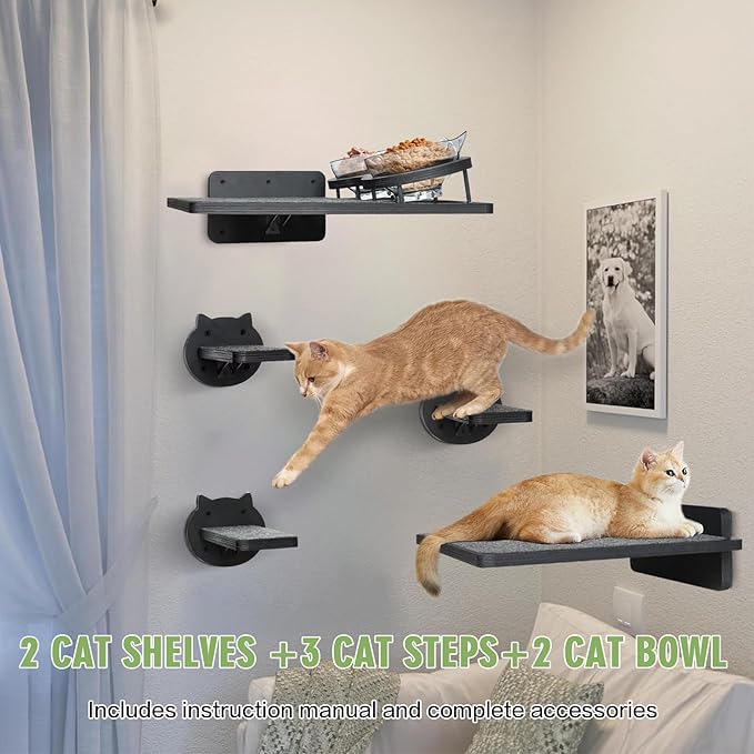 Cat Wall Shelves, Wood Cat Shelves for Wall with Cat Feeding Station, Cat Wall Furniture with 3 Cat Wall Steps, Cat Shelves and Perches, Wall Mounted Cat Climbing Shelf, Cat Lover Gift, 3 Board