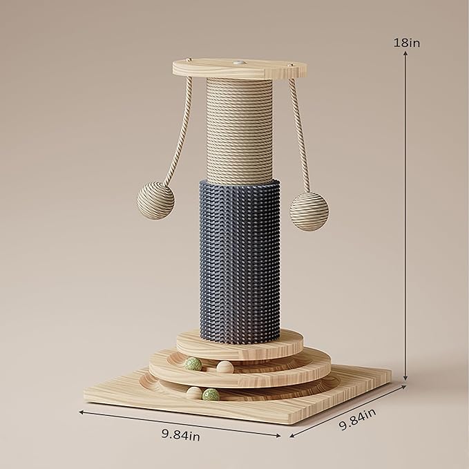 Cat Scratching Post, Indoor Cat Scratcher Kitten Toys Catnip Wooden Ball Track Two-Layer Modern Sisal for Kittens or Smaller Cats Scratch Post Interactive Toy with Dangling Ball Beige