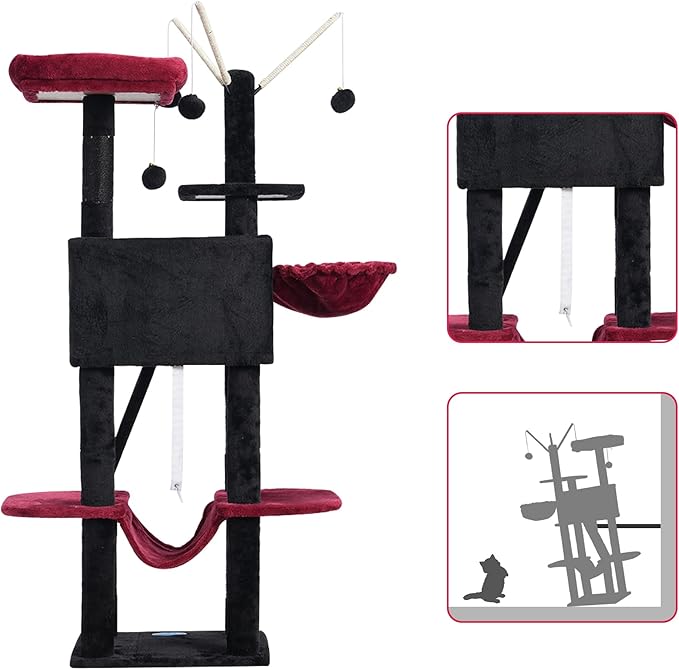Hey-brother Gothic Cat Tree, 53 inch Cat Tower for Indoor Cats, Cat House with Padded Platform Bed, Toy Balls, Large Cozy Condo, Hammocks and Sisal Scratching Posts, Black and Red MPJ019SBR