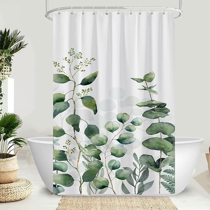 AWERT Small Half Size Stall Shower Curtain with 6 Hooks Shower Stall Curtain 48 x 72 Plant Sage Green Leaves 36 inch Shower Curtain for Bathroom/RV and Camper (Green Leaves)