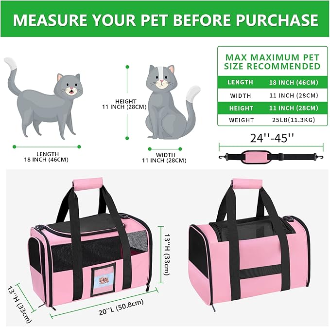 20" Large Cat Carrier Soft Sided Carrier for Cats Under 25 lbs, Folding Dog Carrier 20" Carrier for 2 Cats Travel Carrier -Large- Pink