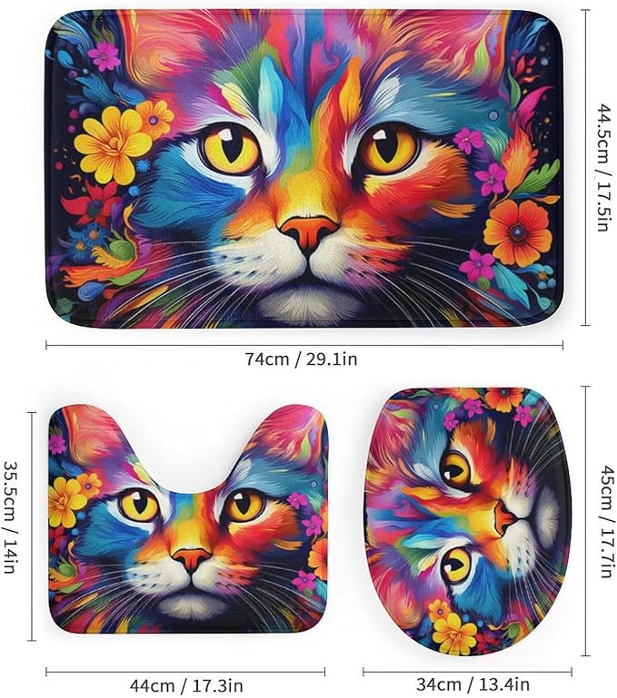4Pcs Cool Watercolor Cat Shower Curtain Sets with Non-Slip Rugs, Toilet Lid Cover and U Shape Bath Mat, Abstract Flower Animal Bathroom Sets Waterproof Shower Curtains with 12 Hooks