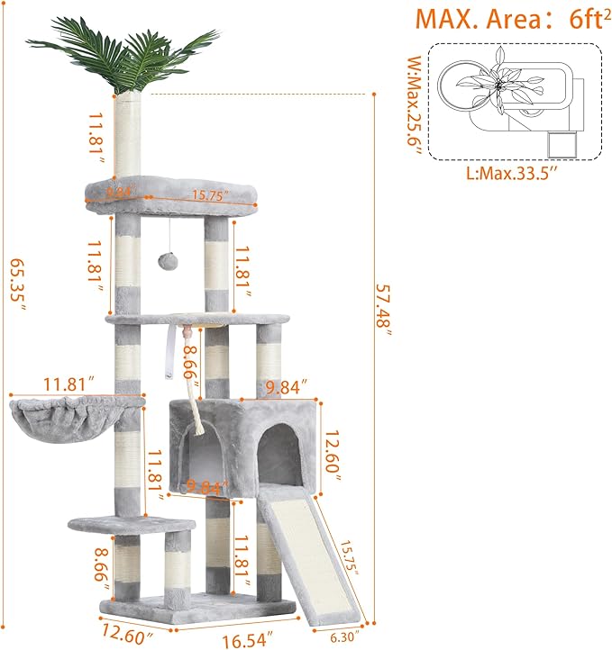 Heybly Cat Tree,Cat Tower for Indoor Cats, 65.4 inches Cat Condo with Perches, Basket, Feeding Bowl Station, Multi-Level Plush Furniture with Scratching Posts, Light Gray HCT015W