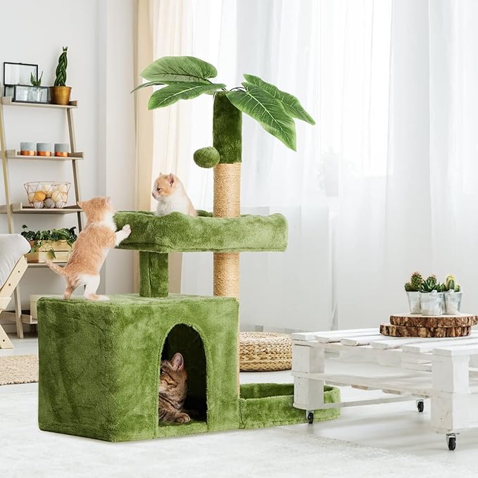 31.5" Cat Tree/Tower for Indoor Cats with Green Leaves, Cat Condo Cozy Plush Cat House with Hang Ball and Leaf Shape Design, Cat Furniture Pet House with Cat Scratching Posts, Green