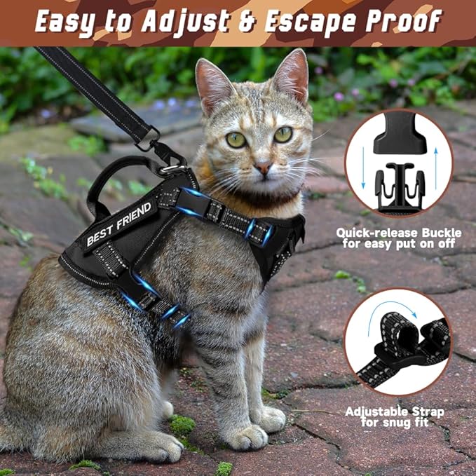 Tactical Cat Harness Leash, Air Mesh Cat Walking Vest Harness Escape Proof, Reflective Large Cat Harnesses with Handle for Adult Fat Cats (ABlack, XL)