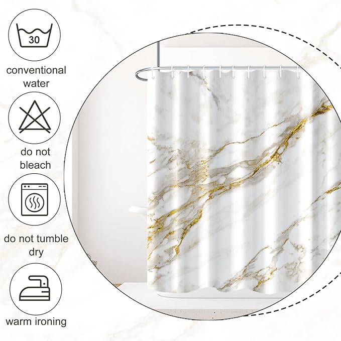 AWERT Abstract Minimalism White and Gold Ink Art Marble Shower Curtain for Bathroom Modern High Definition Printing Waterproof Shower Curtain with Hooks Bathroom Decor 72x78inch