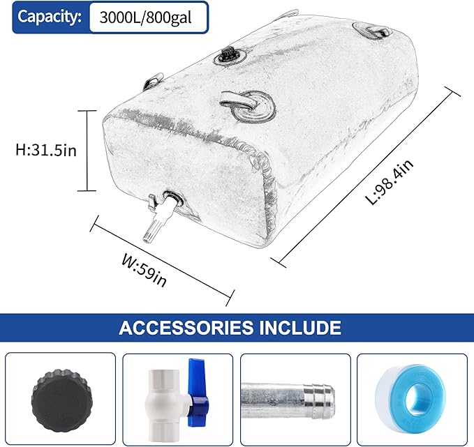 3000 L/800 Gal Water Bladder Tank, Foldable Portable Water Storage Container, Emergency Water Bag for RV, Truck Bed, Fire Prevention, Drought Resistance, Blue