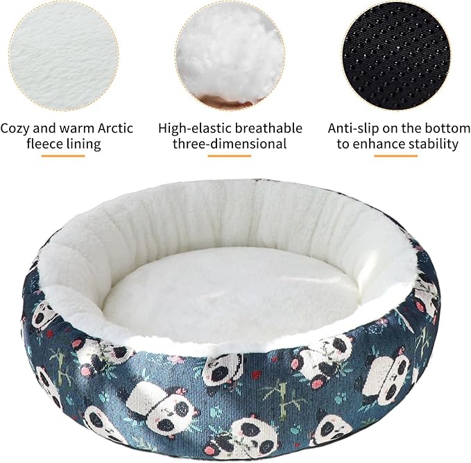 Circular Calming Dog & Cat Bed Anti-Anxiety Plush Dog Bed Washable Pet Bed with Anti Slip Backing Donut Cuddler with Cute Jacquard Patterns for Cat and Small Puppy 20" (X-Small, Panda)