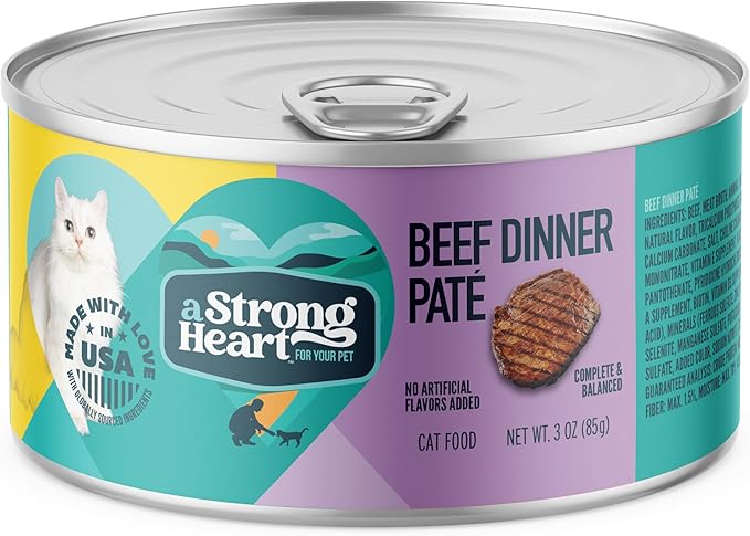 A Strong Heart Canned Wet Cat Food, Beef Dinner Paté - 3 oz Cans (Pack of 24), Made in The USA with Real Beef