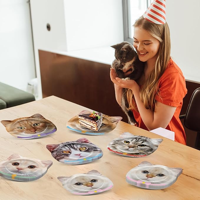 60 Pcs Cat Birthday Paper Plates Cat Shaped Dinner Party Plates for Cute Kitten Party Supplies Kitty Disposable Dinnerware Plate for Cats Themed Birthday Baby Shower Decorations Favors