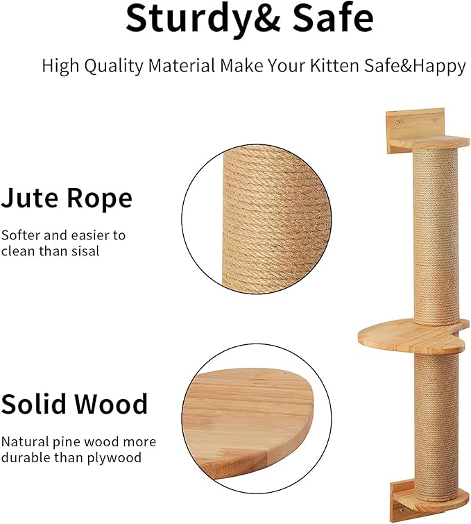 FUKUMARU Cat Activity Tree with Scratching Posts, Wall Mounted Jute Scratcher Pine Hammock