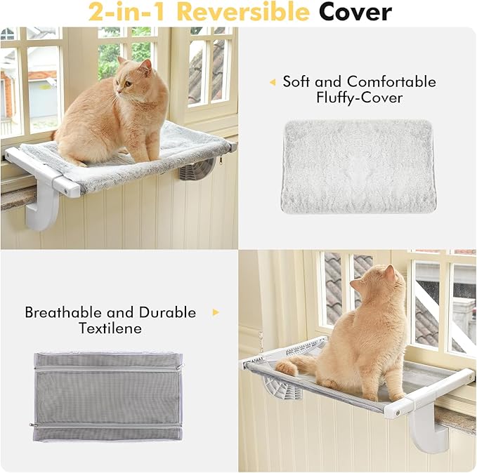 Window Sill Mount Cat Perch for Indoor Cats, One-Step Sliding Clamping Slot Adjustment Cat Hammock with Removable Two Fabrics Cover, No Suction Cups Cat Bed for Windowsill & Bedside (Medium)