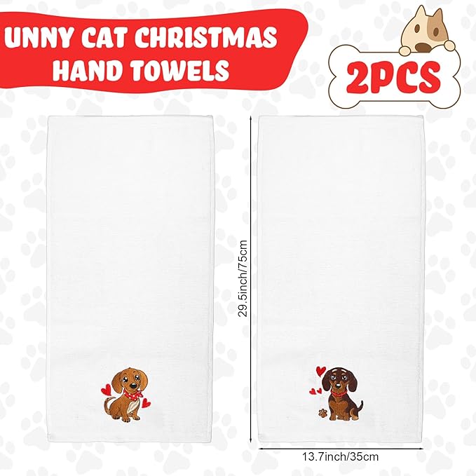 2 Pack Dog Hand Towels for Dog Lovers Gift Dachshund Kitchen Towels Bathroom 14 x 29 in 100% Cotton Embroidered White Christmas Bath Set with Hearts Funny Holiday Dish Tea Decor