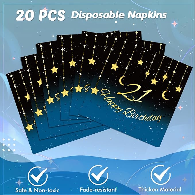 21th Birthday Party Decorations, 41Pcs Starry Sky Party Tableware Set Includes 20 Plate 20 Napkins and 1 Tablecloth, 21 Years Old Birthday Theme Party Supplies for Boys Girls Birthday Party Favors