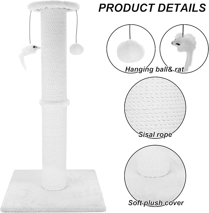 Cat Scratching Post 34 Inches Heavy Duty and Thicker Cat Scratching Post Sisal Rope with Hanging Ball and Mice Scratching Post for Indoor Cats and Adult(White)