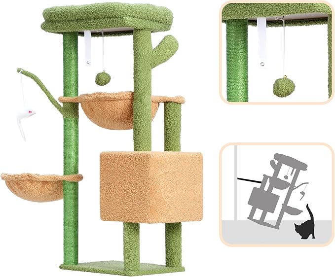 Heybly Cat Tree, 39.4 Inches Cactus Tower Condo with Scratching Post, Cat Tower for Indoor Cats, Fully Wrapped Sisal Pole, Soft Platform, 2 Baskets and Dangling Toy, Green and Yellow HCT006SGY
