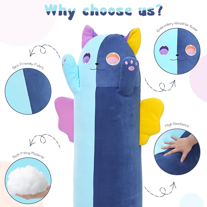 41.7Inch Long Cat Plush Pillow, Soft Kawaii Long Cat Stuffed Animal, Blue Cuddle Pillow Gift for Kids, Girlfriend, Birthday, Thanksgiving, Christmas