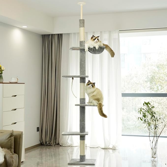 Floor to Ceiling Cat Tree, 5-Tier Height (86-109 inches) - Adjustable Cat Climbing Tower with Sisal Scratching Posts, Hammock, Platforms, and Hanging Balls