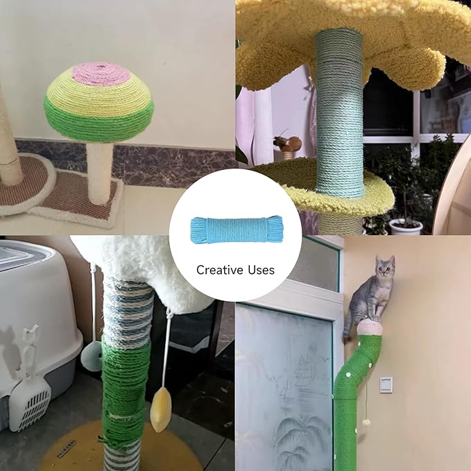 Multicolor Natural Cat Scratch Post Replacement Rope, Repair and Replace Scratching Post, 1/4" Rope Cat Scratch Post DIY Jute Twine with a Play Ball,for Scratching Post Tree Replacement. (Blue, 65FT)