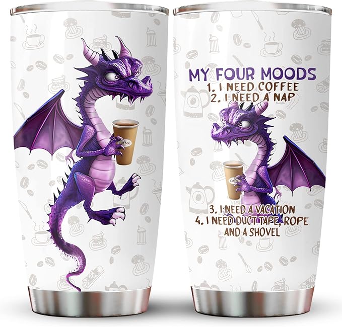 34HD Purple Dragon Tumbler with Lid, 20oz Stainless Steel Vacuum Insulated My Four Moods Coffee Mug, Dragon Gifts for Men Women Best Friend, Funny Birthday Gift Ideas