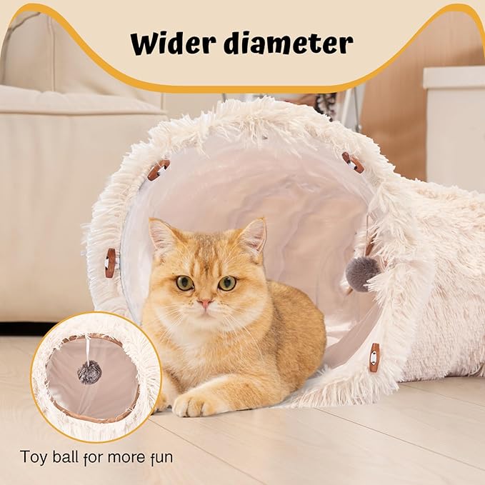 Avont Cat Tunnel Bed with Central Washable Cushion - Large Cat Tunnel Tube Toys 3 Shape to Play for Indoor Cats Kittens Puppies Ferret, Round Plush Fluffy Cat Bed with Tunnels -Beige