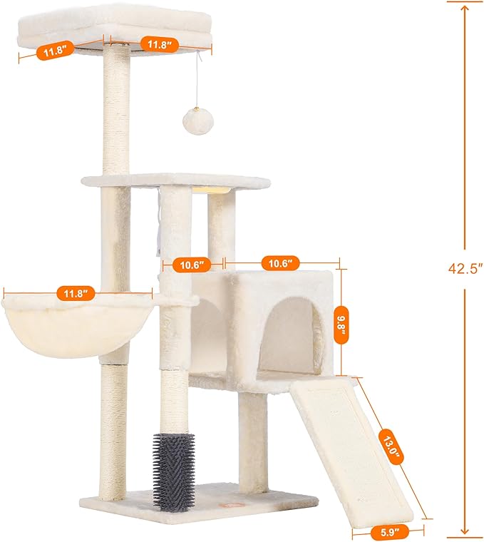 Heybly Cat Tree with Cat Self Groomer Brush, Cat Tower Condo for Indoor Cats with Padded Plush Perch,Cat House with Basket Scratching Board Post, Beige HCT005SM