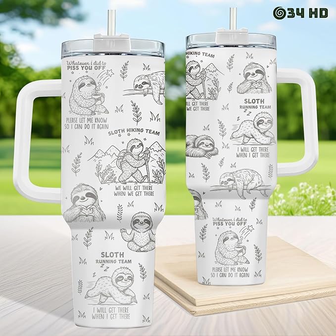 34HD Laser Engraved Sloth Tumbler with Handle and Straw, 40oz Stainless Steel Insulated Travel Coffee Mug, Sloth Gifts for Women, Sloths Lover Gifts