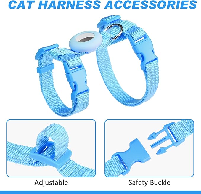 Cat Harness and Leash Set Escape Proof for Walking, Adjustable Cute Kitten Harness Leash with Airtag Holder for Small Large Cats, Lightweight Soft Walking Travel Harness (Blue)