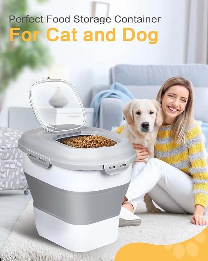 ANVS Dog Food Storage Container - Up to 30Lbs Collapsible Dog Food Container with Airtight Lids, Scoop and 2.5L Small Pet Food Storage Container Dry Food For Dog, Cat and Other Pet Food (Grey)
