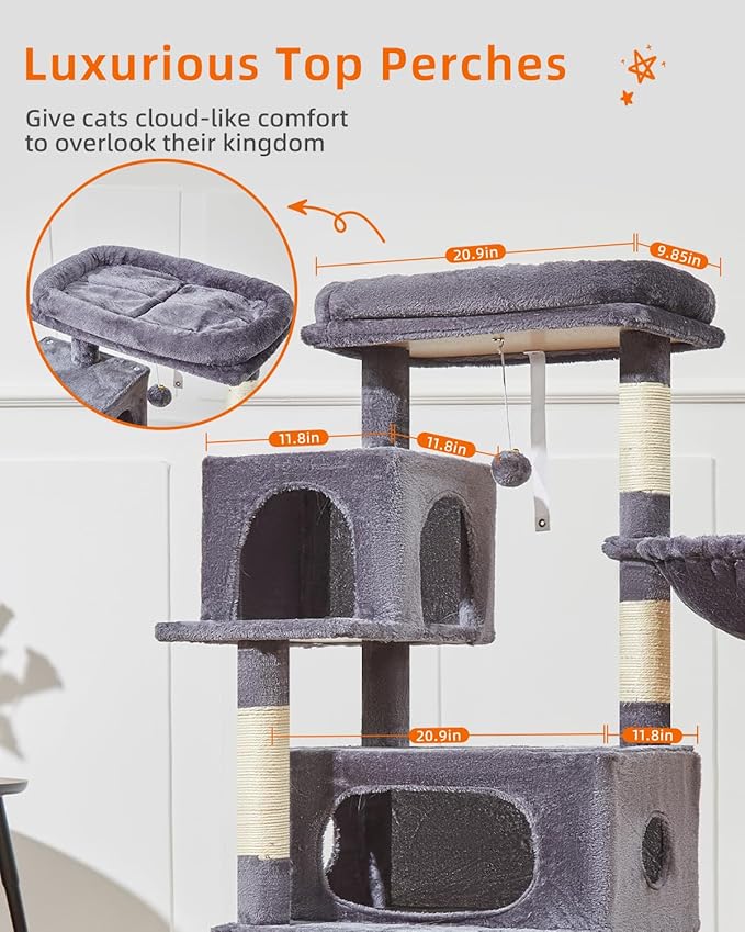 Taoqimiao Cat Tree,48.8-Inch Cat Tower for Indoor Cats,2 Luxurious cat condo with Adjustable Large Hanging Baskets and Large Luxurious Perch Smoky Gray MS029LG