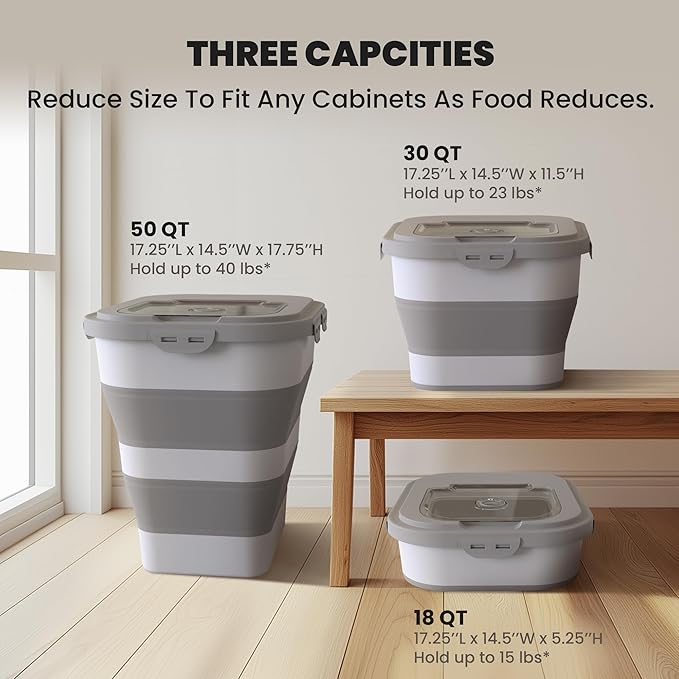 35-40 Lbs Airtight Dog Food Storage Container, Collapsible Dog Food Container with Lid, Wheels, Date Track,Large Pet food storage Container for Rice,Flour,Dog Food Scoop and 2PCS Containers