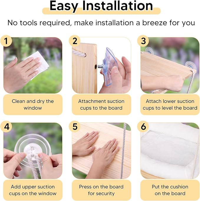 Cat Window Perch, Cat Hammock Window Seat with Cushion Bed Cover - Solid Wood Seat & Strong Suction Cups - Hanging Cat Window Bed Cat Shelf for Small Medium Indoor Cats