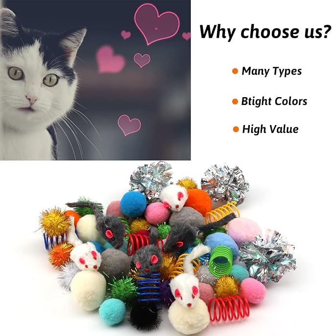60 Packs Cat Toys Balls Set Spiral Springs Assorted, Kitten Ball Toys Assortments, Sparkle Ball, Cat Mouse Toy, Cat Crinkle Balls, Cat Springs, Furry Cat Toys Balls Soft Pom Pom Balls