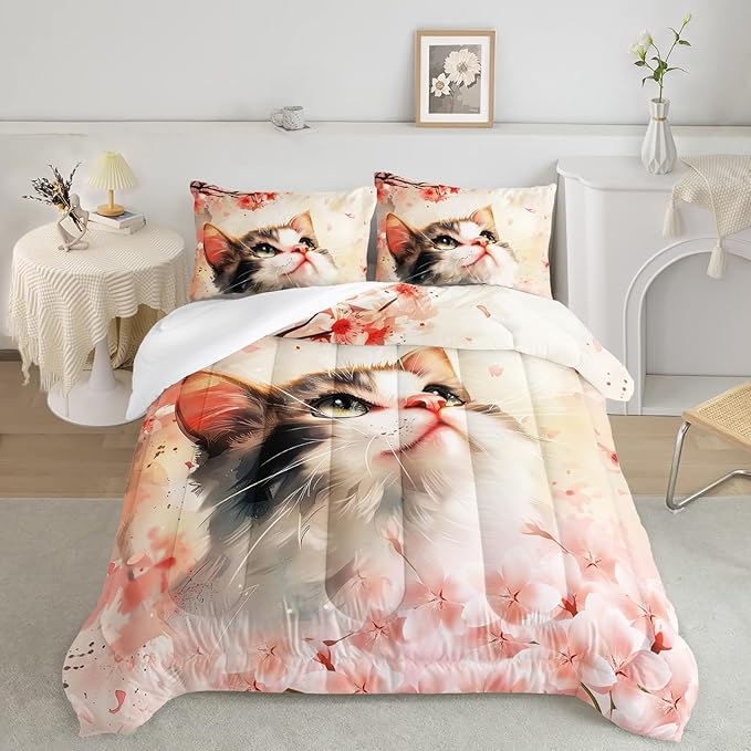 AILONEN Kawaii Cat Comforter Set Twin Size,Kids Girls Kitten Cat Bedding Printed Pink Flower Watercolor Lovely Animal Cat Comforter with 2 Pillowcases,3 Pieces