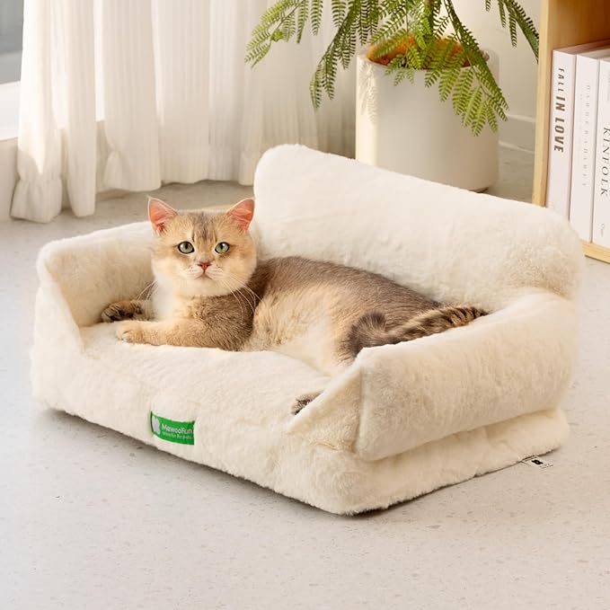 MEWOOFUN Cat Couch Bed for Indoor Cats, Fluffy Cat Sofa with Removable Washable Cover, Cute Cat Bed with Non-Slip Bottom, Pet Beds for Cats and Pups(White,S)